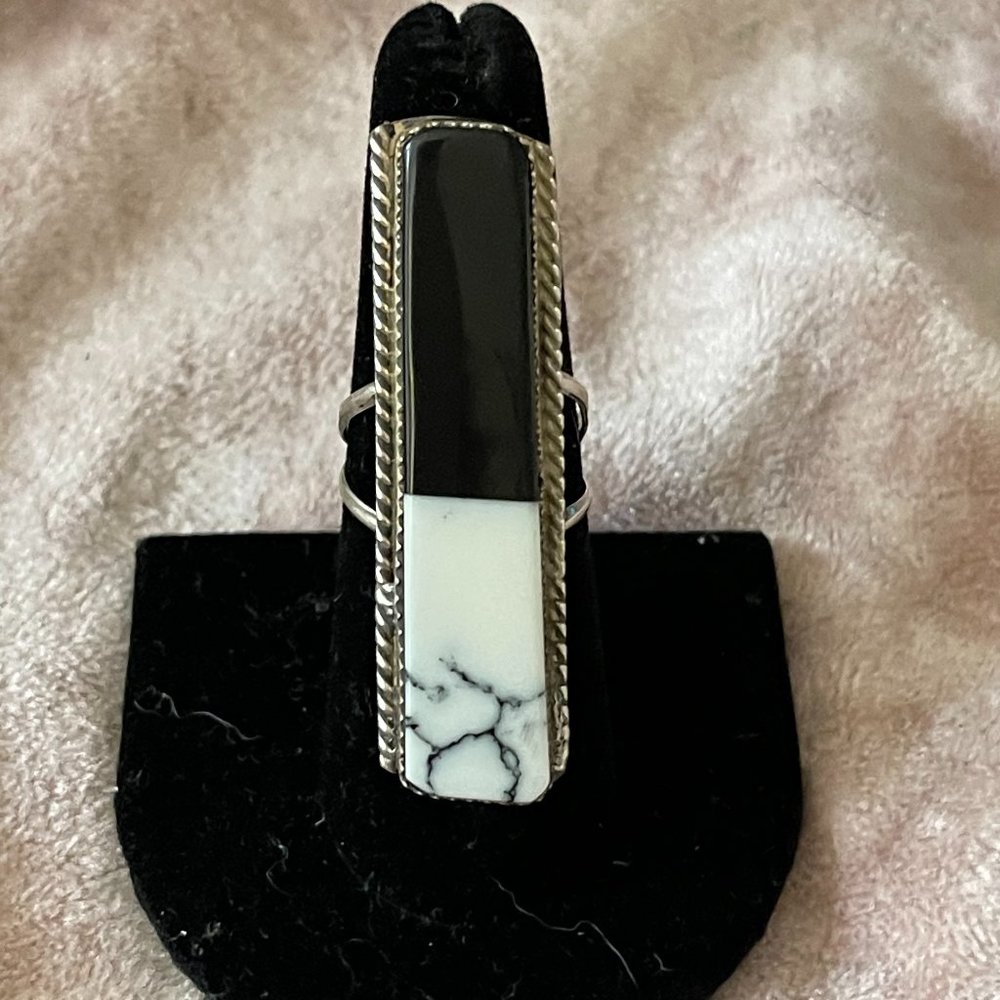 Vintage Rectangular Obsidian and White Turquoise or Howlite ~ Size